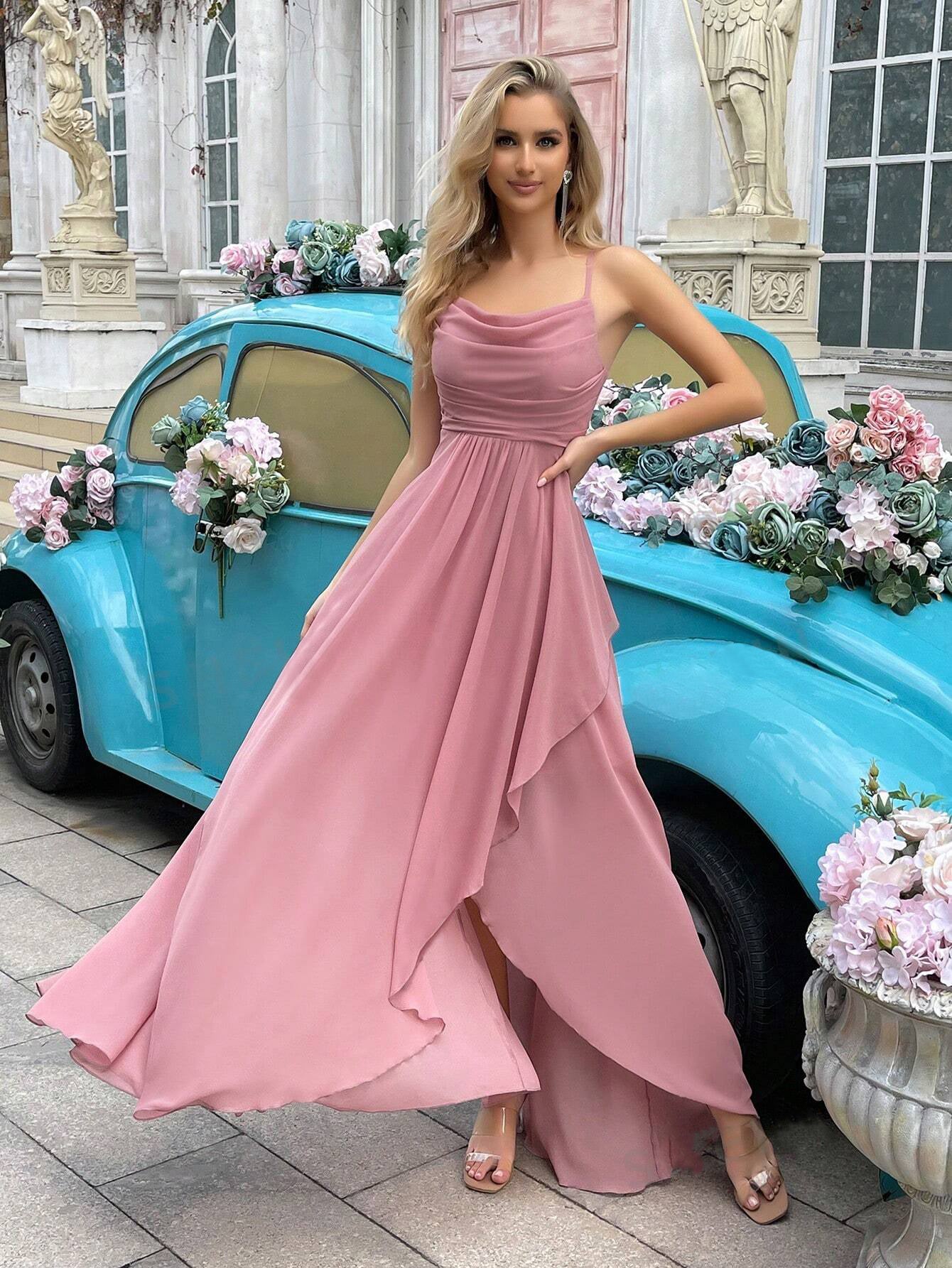 Women's Bridesmaid Dresses for Wedding Long Chiffon Formal Evening Prom Gown with Slit Side